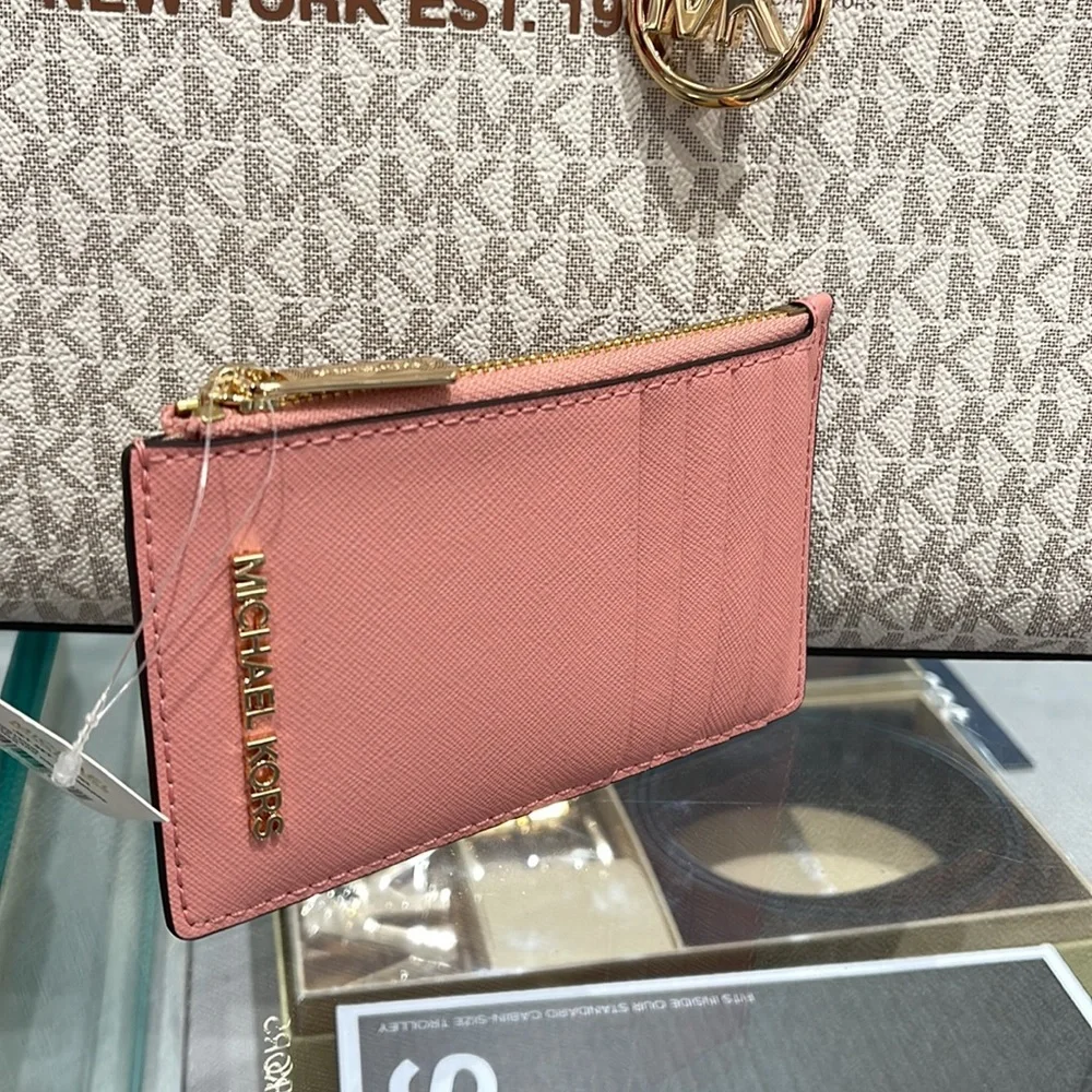 MICHAEL KORS Jet Set Travel Medium Top Zip Leather Card Case Wallet Primrose NWT